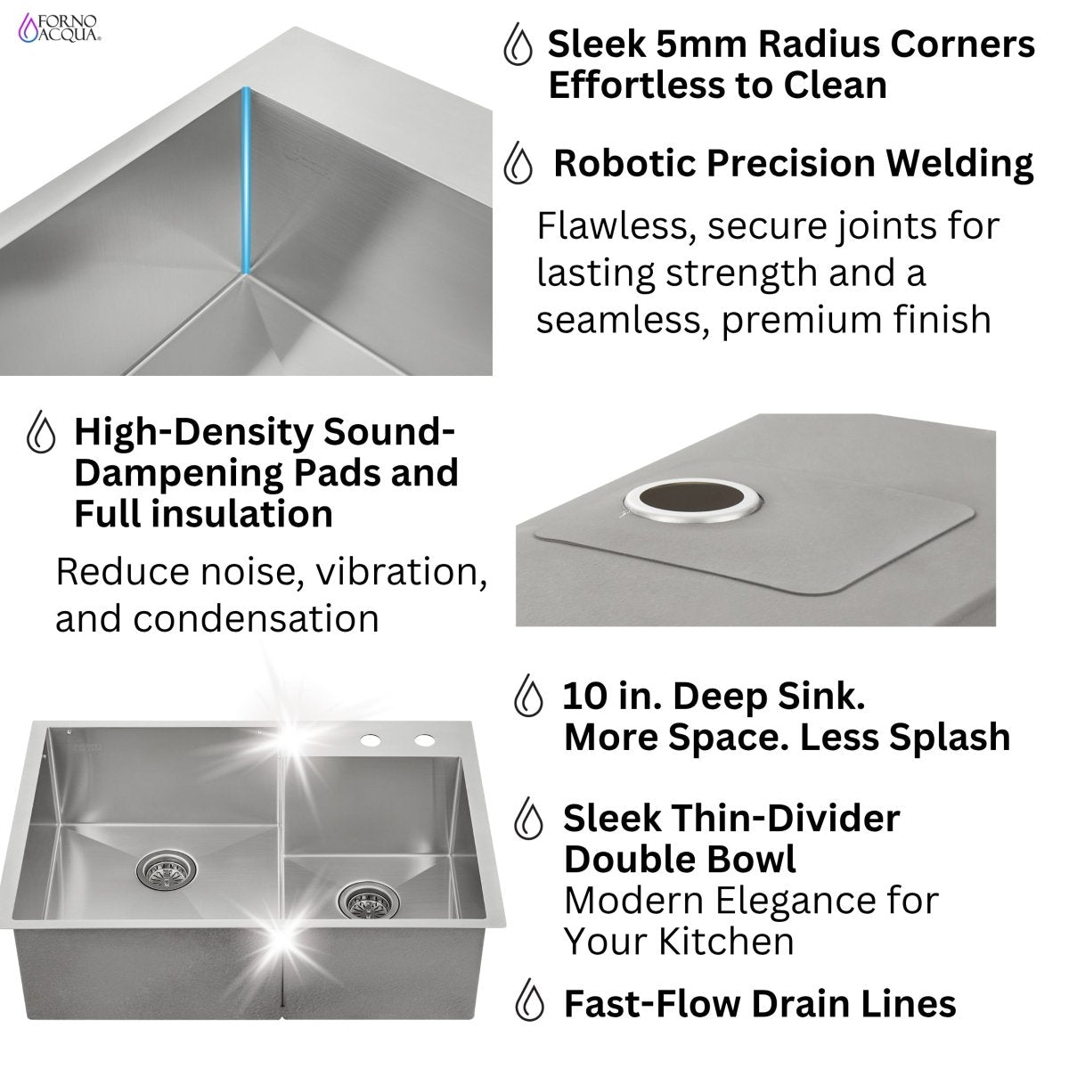 FORNO ACQUA 33 in. Drop-In/Undermount 40/60 Double Bowl Stainless Steel Sink with Waterfall Faucet - BonPrix Électroménagers