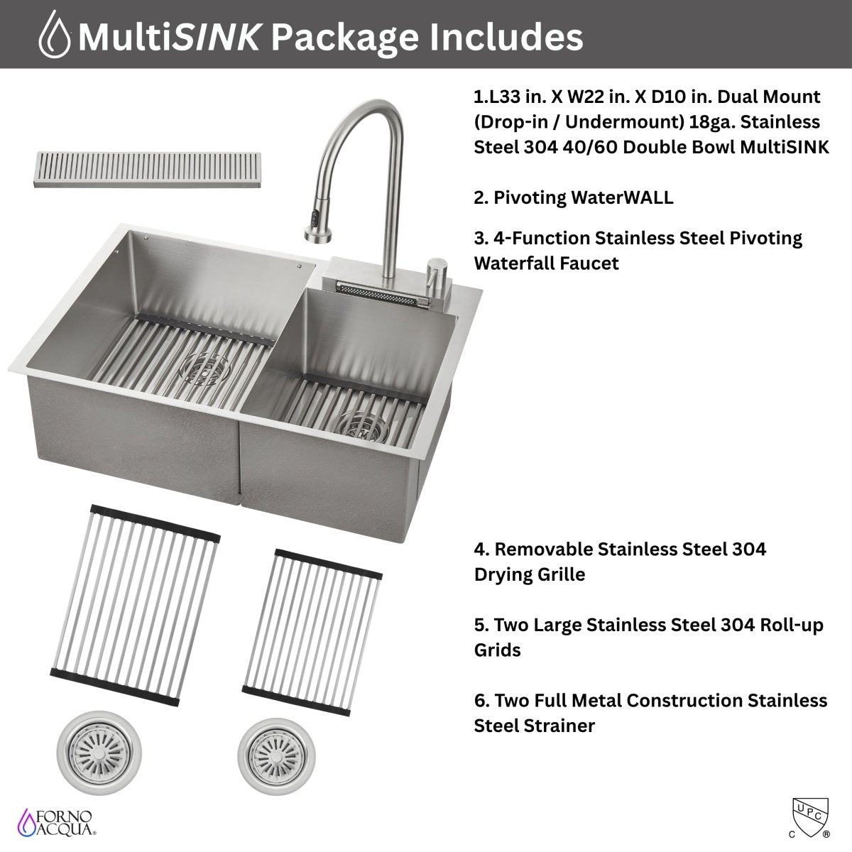 FORNO ACQUA 33 in. Drop-In/Undermount 40/60 Double Bowl Stainless Steel Sink with Waterfall Faucet - BonPrix Électroménagers
