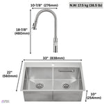 FORNO ACQUA 33 in. Drop-In/Undermount 50/50 Double Bowl Stainless Steel Sink with Faucet & Waterfall - BonPrix Électroménagers