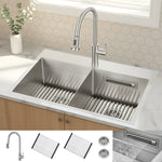 FORNO ACQUA 33 in. Drop-In/Undermount 50/50 Double Bowl Stainless Steel Sink with Faucet & Waterfall - BonPrix Électroménagers