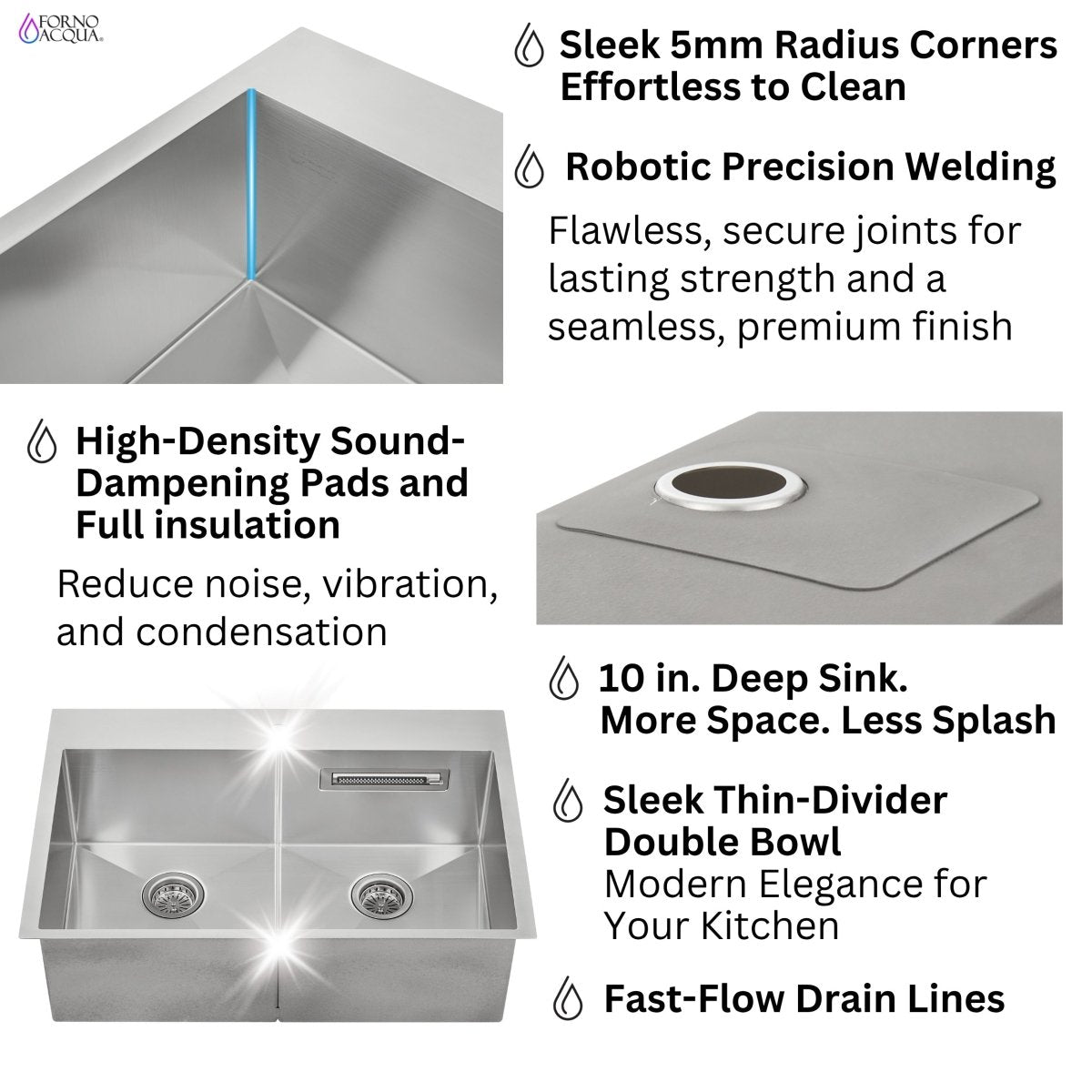 FORNO ACQUA 33 in. Drop-In/Undermount 50/50 Double Bowl Stainless Steel Sink with Faucet & Waterfall - BonPrix Électroménagers