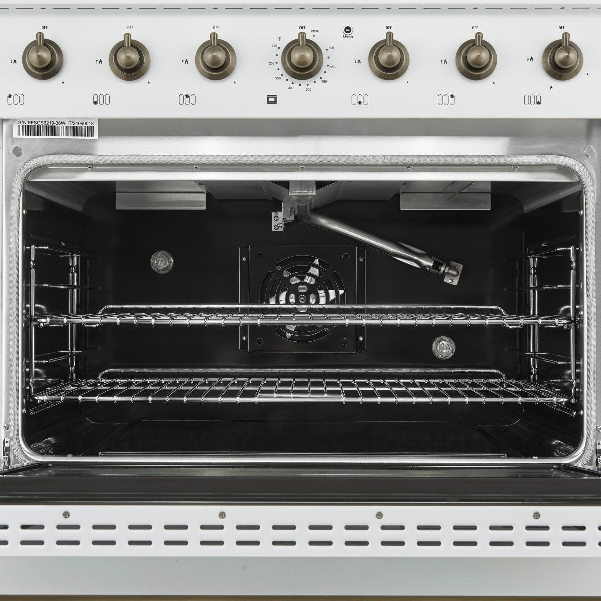Forno Antico 36-inch Dual Fuel Range White and Antique Brass Design with 6 Sealed Gas Burners and Electric Convection Oven - BonPrix Électroménagers