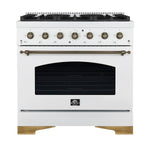 Forno Antico 36-Inch Freestanding Gas Range, White, Antique Brass Design, 6 Burners, Convection Oven, Energy Efficient - BonPrix Électroménagers