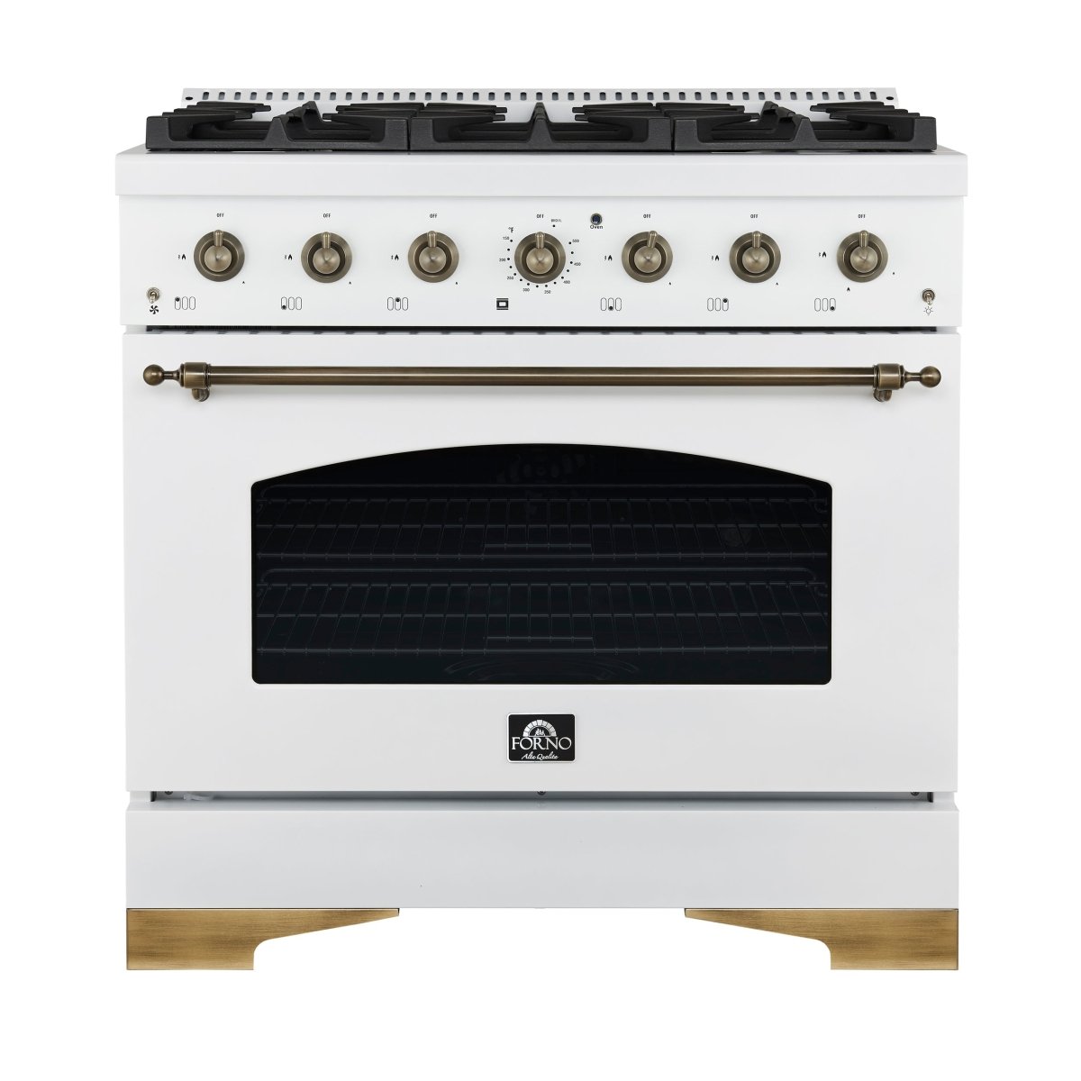 Forno Antico 36-Inch Freestanding Gas Range, White, Antique Brass Design, 6 Burners, Convection Oven, Energy Efficient - BonPrix Électroménagers