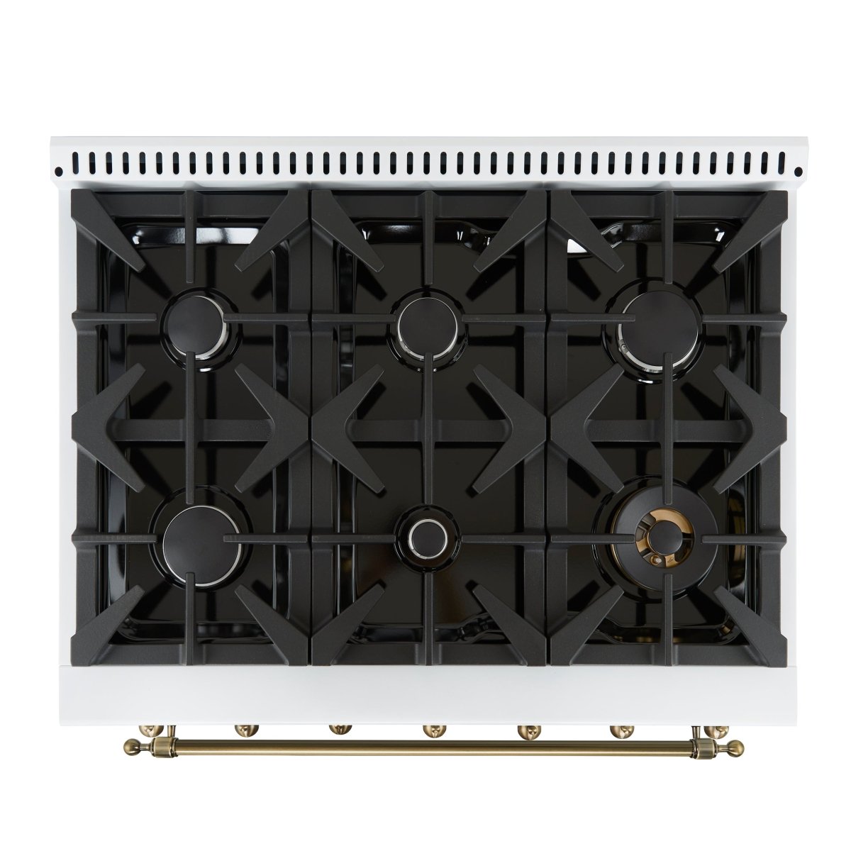 Forno Antico 36-Inch Freestanding Gas Range, White, Antique Brass Design, 6 Burners, Convection Oven, Energy Efficient - BonPrix Électroménagers