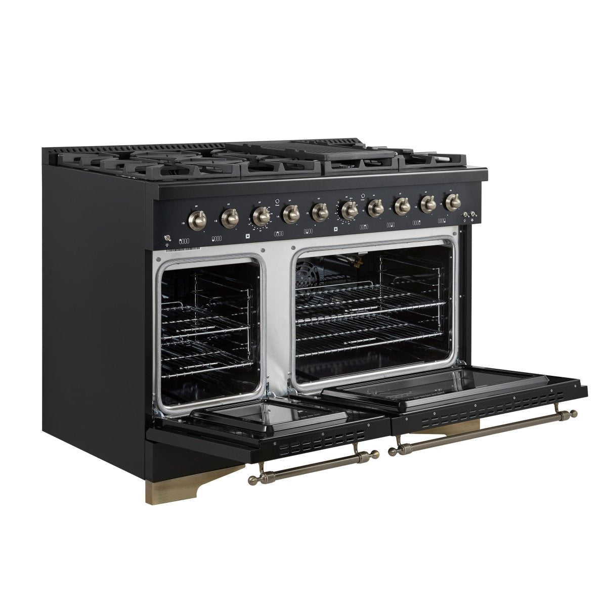 Forno Antico 48-Inch Dual Fuel Range, Black with Antique Brass Finish, 8 Burners, 94,000 BTU, 5.5 cu.ft. Double Ovens & Griddle - BonPrix Électroménagers