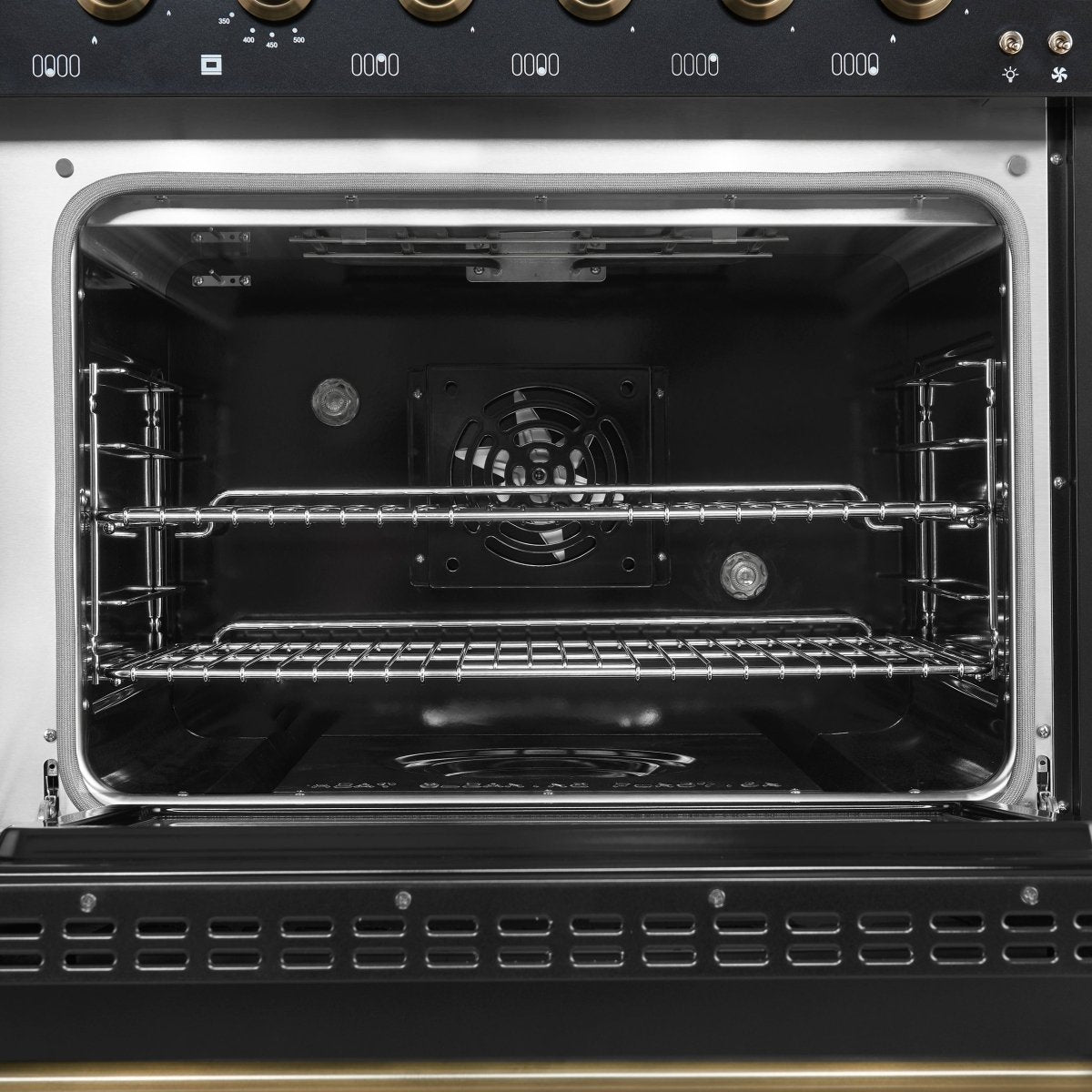 Forno Antico 48-Inch Dual Fuel Range, Black with Antique Brass Finish, 8 Burners, 94,000 BTU, 5.5 cu.ft. Double Ovens & Griddle - BonPrix Électroménagers
