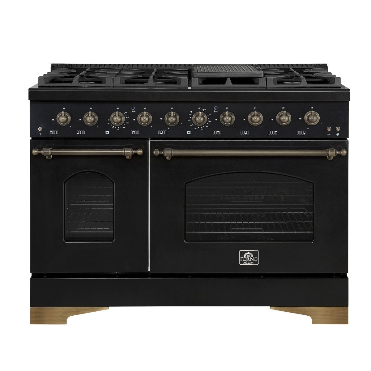 Forno Antico 48-Inch Dual Fuel Range, Black with Antique Brass Finish, 8 Burners, 94,000 BTU, 5.5 cu.ft. Double Ovens & Griddle - BonPrix Électroménagers