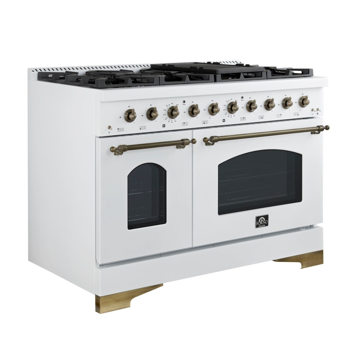 Forno Antico 48-Inch Dual Fuel Range, White with Antique Brass Finish, 8 Burners, 94,000 BTU, 5.5 cu.ft. Double Ovens & Griddle - BonPrix Électroménagers