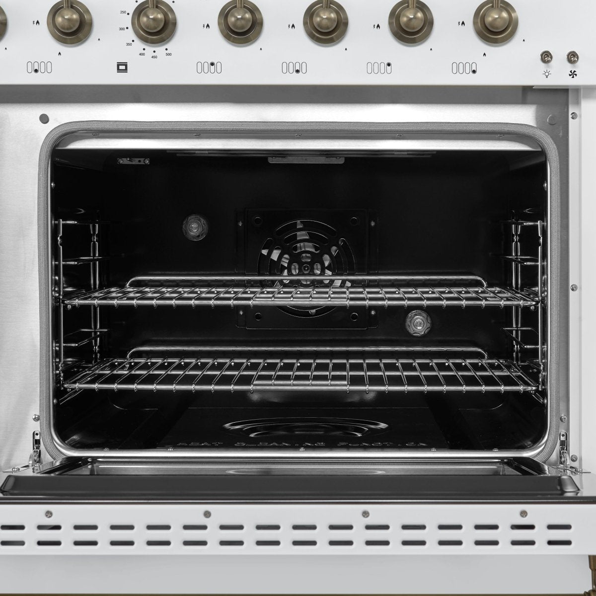 Forno Antico 48-Inch Dual Fuel Range, White with Antique Brass Finish, 8 Burners, 94,000 BTU, 5.5 cu.ft. Double Ovens & Griddle - BonPrix Électroménagers