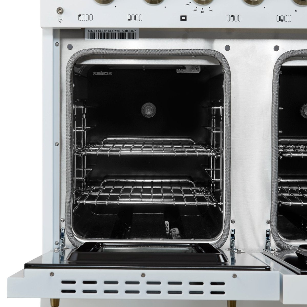 Forno Antico 48-Inch Dual Fuel Range, White with Antique Brass Finish, 8 Burners, 94,000 BTU, 5.5 cu.ft. Double Ovens & Griddle - BonPrix Électroménagers
