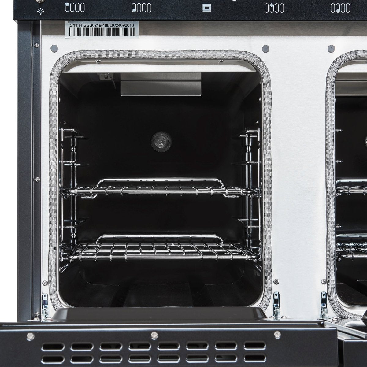 Forno Antico 48-Inch Freestanding Gas Range, Black, Antique Brass Design, 8 Burners, Griddle, Double Ovens, Energy Efficient - BonPrix Électroménagers