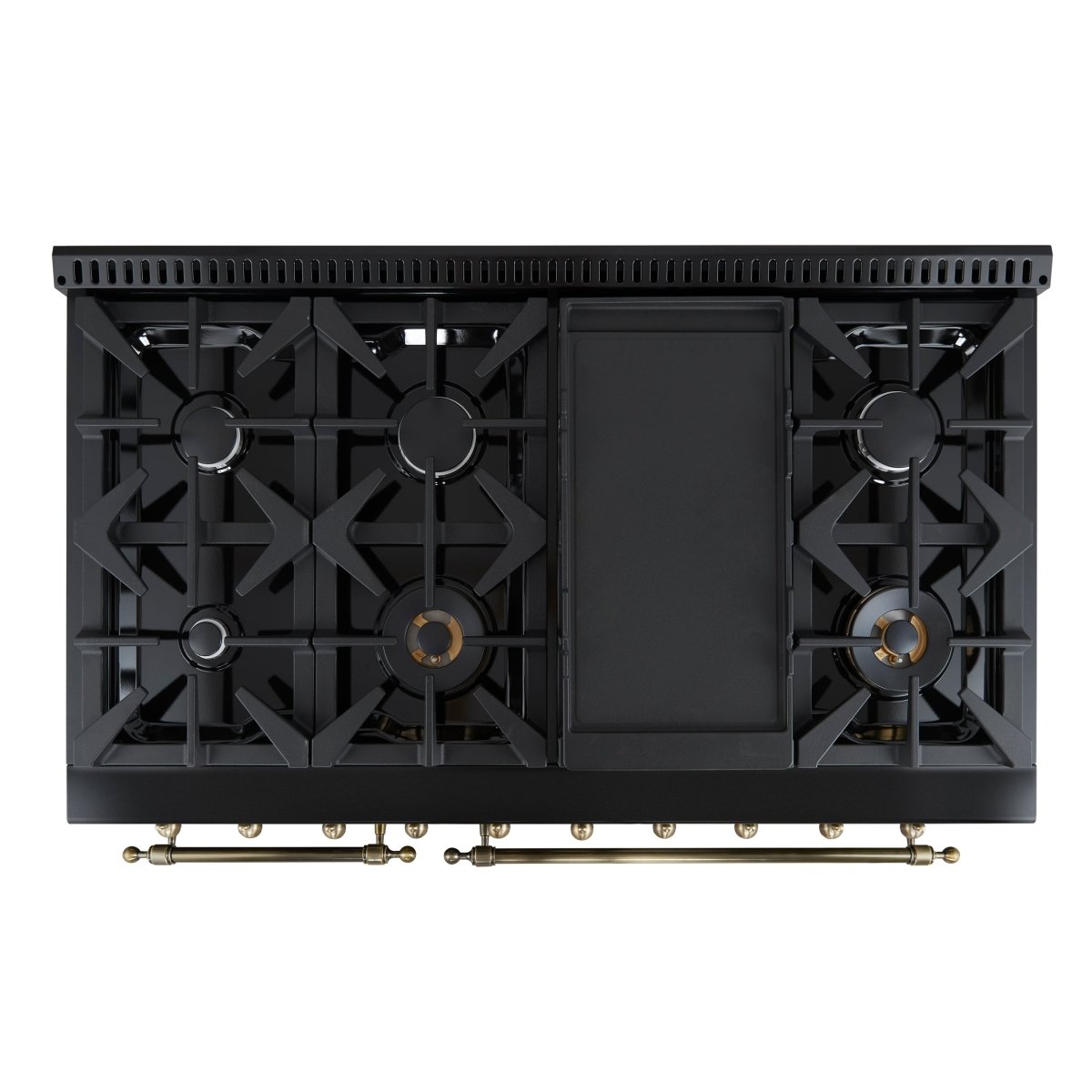 Forno Antico 48-Inch Freestanding Gas Range, Black, Antique Brass Design, 8 Burners, Griddle, Double Ovens, Energy Efficient - BonPrix Électroménagers