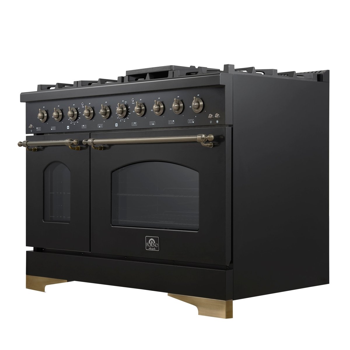 Forno Antico 48-Inch Freestanding Gas Range, Black, Antique Brass Design, 8 Burners, Griddle, Double Ovens, Energy Efficient - BonPrix Électroménagers