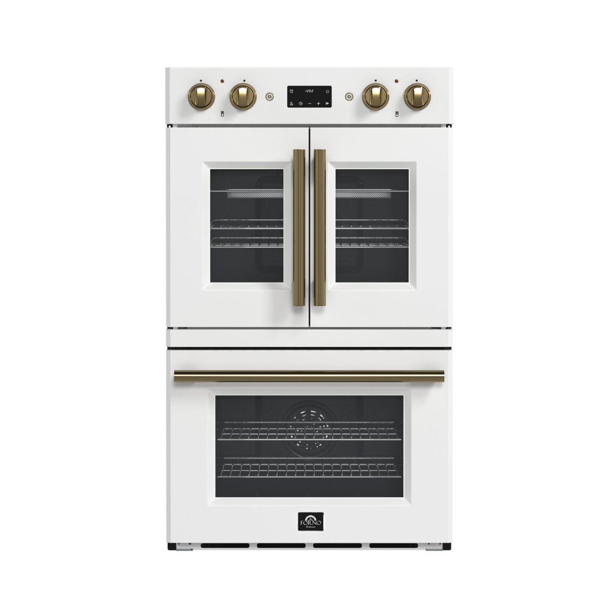Forno Asti 30-Inch Double Electric Wall Oven with Upper French Doors in White & Antique Brass, 7.36 cu. ft. Dual True Convection, 7,200W, Air Fry, Sous Vide, Self-Clean - BonPrix Électroménagers