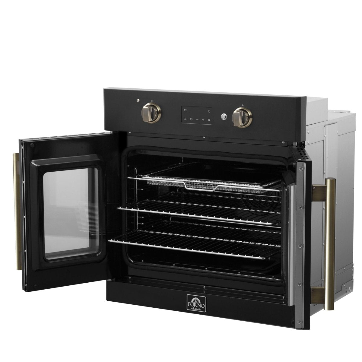 Forno Asti 30-Inch French Door Electric Wall Oven in Black & Antique Brass, 3.68 cu. ft. True Convection, 3,600W, Air Fry, Sous Vide, Self-Clean - BonPrix Électroménagers