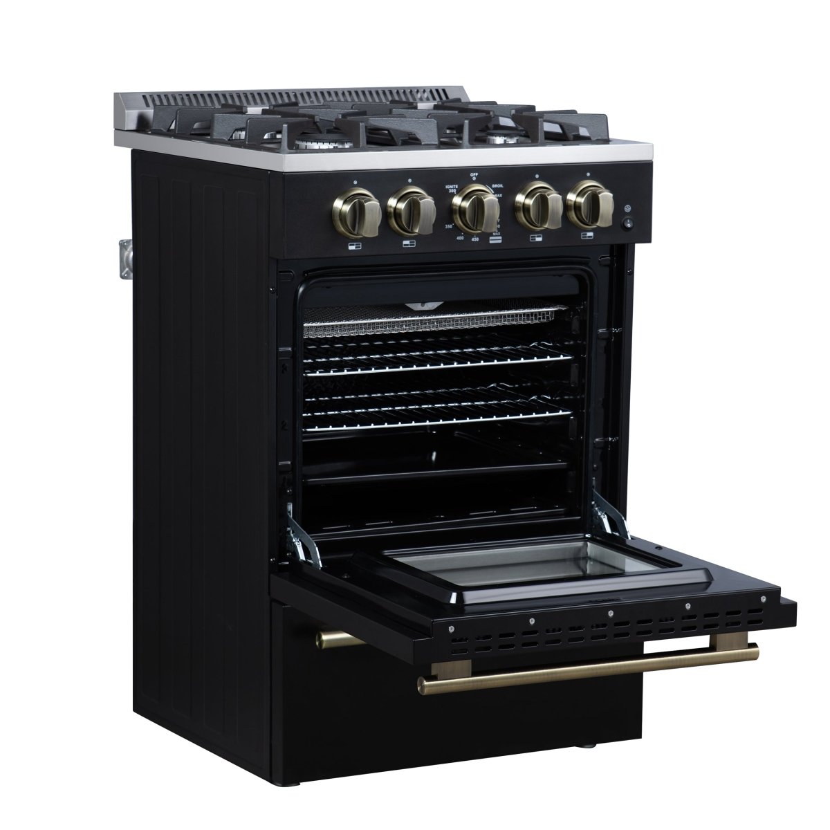 Forno Breno 24 Inch Freestanding Gas Range in Black with Antique Brass, Plug Included, Energy Efficient - BonPrix Électroménagers