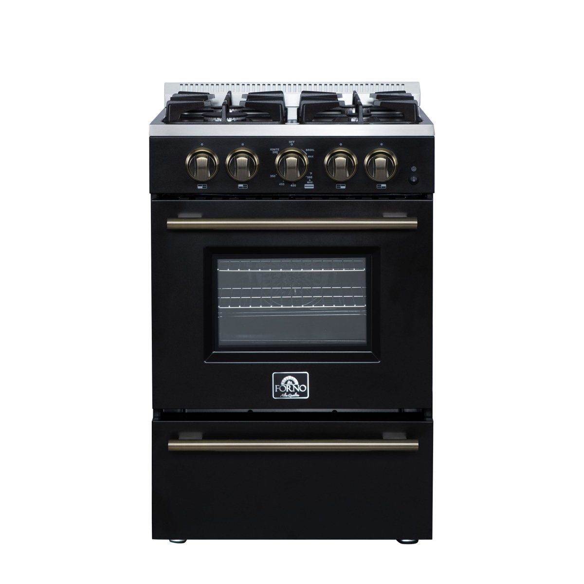 Forno Breno 24 Inch Freestanding Gas Range in Black with Antique Brass, Plug Included, Energy Efficient - BonPrix Électroménagers