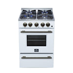 Forno Breno 24 Inch Freestanding Gas Range in White with Antique Brass, Compact Design - BonPrix Électroménagers