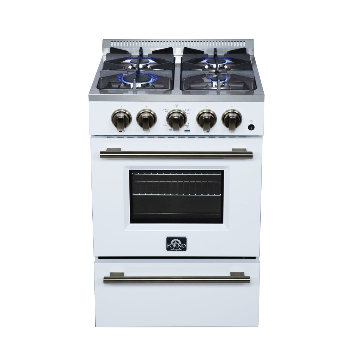 Forno Breno 24 Inch Freestanding Gas Range in White with Antique Brass, Compact Design - BonPrix Électroménagers
