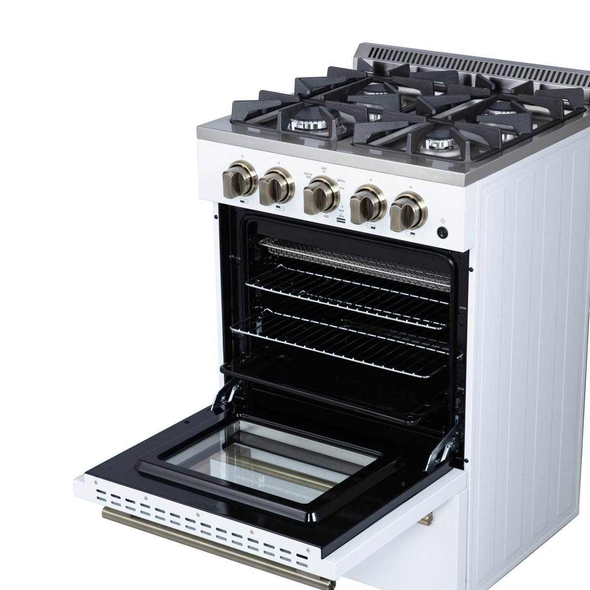 Forno Breno 24 Inch Freestanding Gas Range in White with Antique Brass, Compact Design - BonPrix Électroménagers