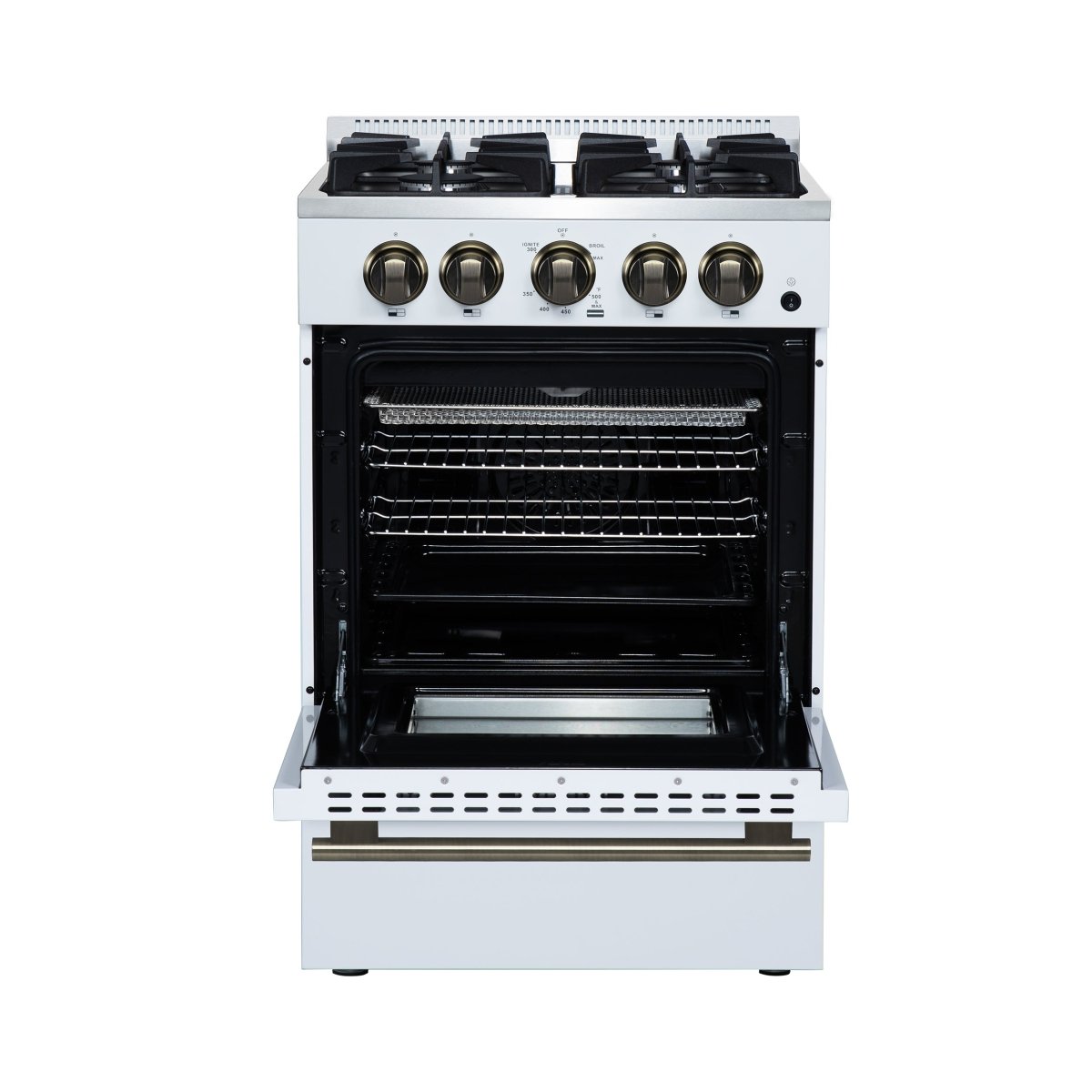 Forno Breno 24 Inch Freestanding Gas Range in White with Antique Brass, Compact Design - BonPrix Électroménagers