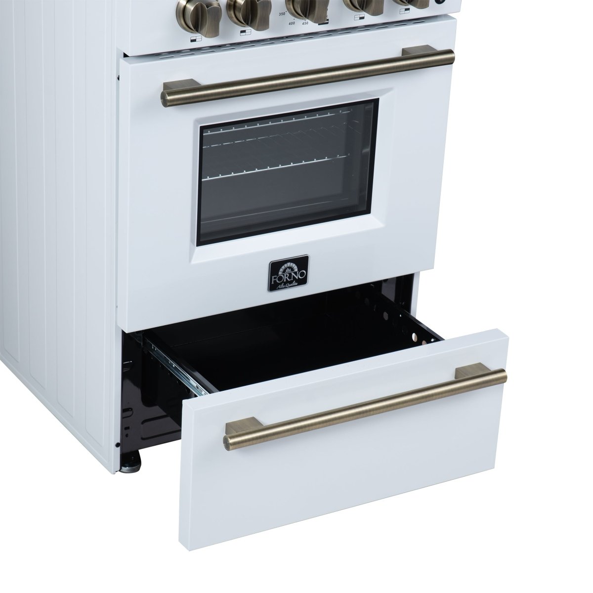 Forno Breno 24 Inch Freestanding Gas Range in White with Antique Brass, Compact Design - BonPrix Électroménagers