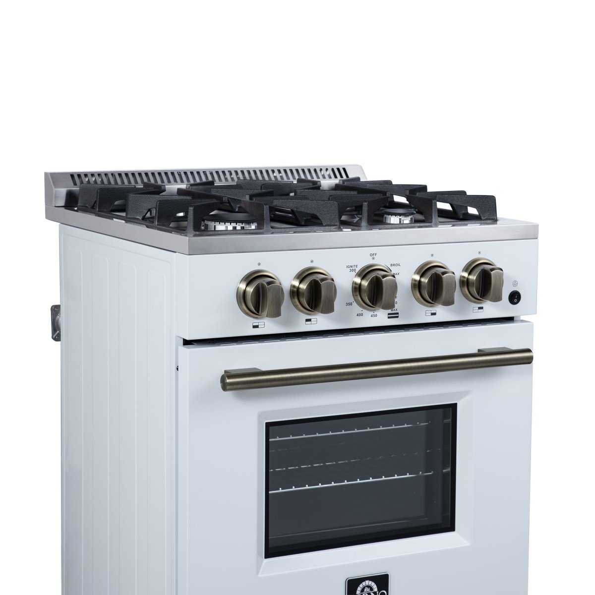 Forno Breno 24 Inch Freestanding Gas Range in White with Antique Brass, Compact Design - BonPrix Électroménagers
