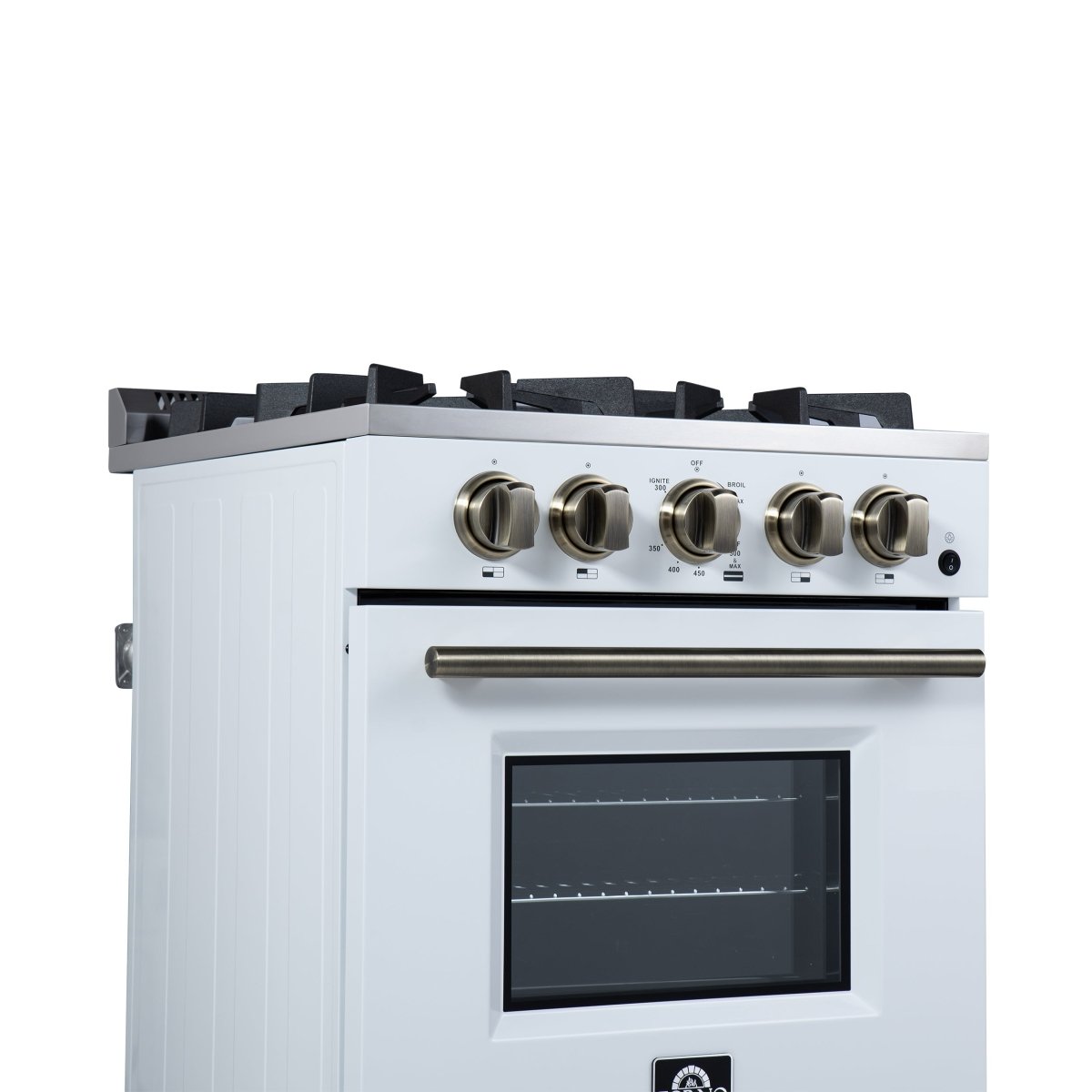 Forno Breno 24 Inch Freestanding Gas Range in White with Antique Brass, Plug Included, Energy Efficient - BonPrix Électroménagers