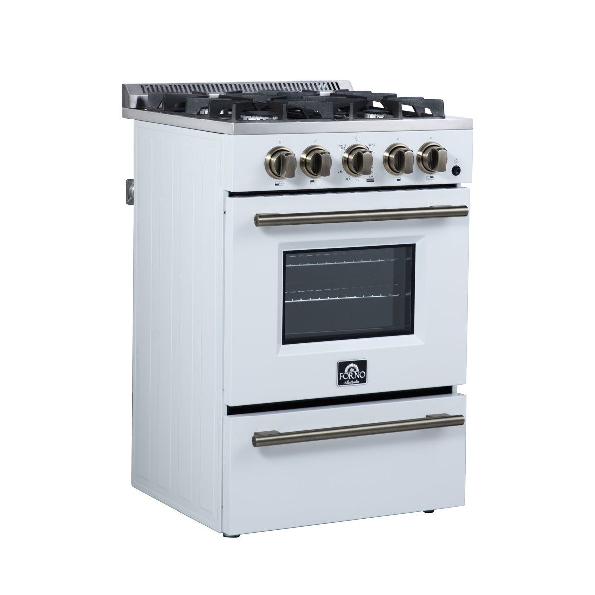 Forno Breno 24 Inch Freestanding Gas Range in White with Antique Brass, Plug Included, Energy Efficient - BonPrix Électroménagers