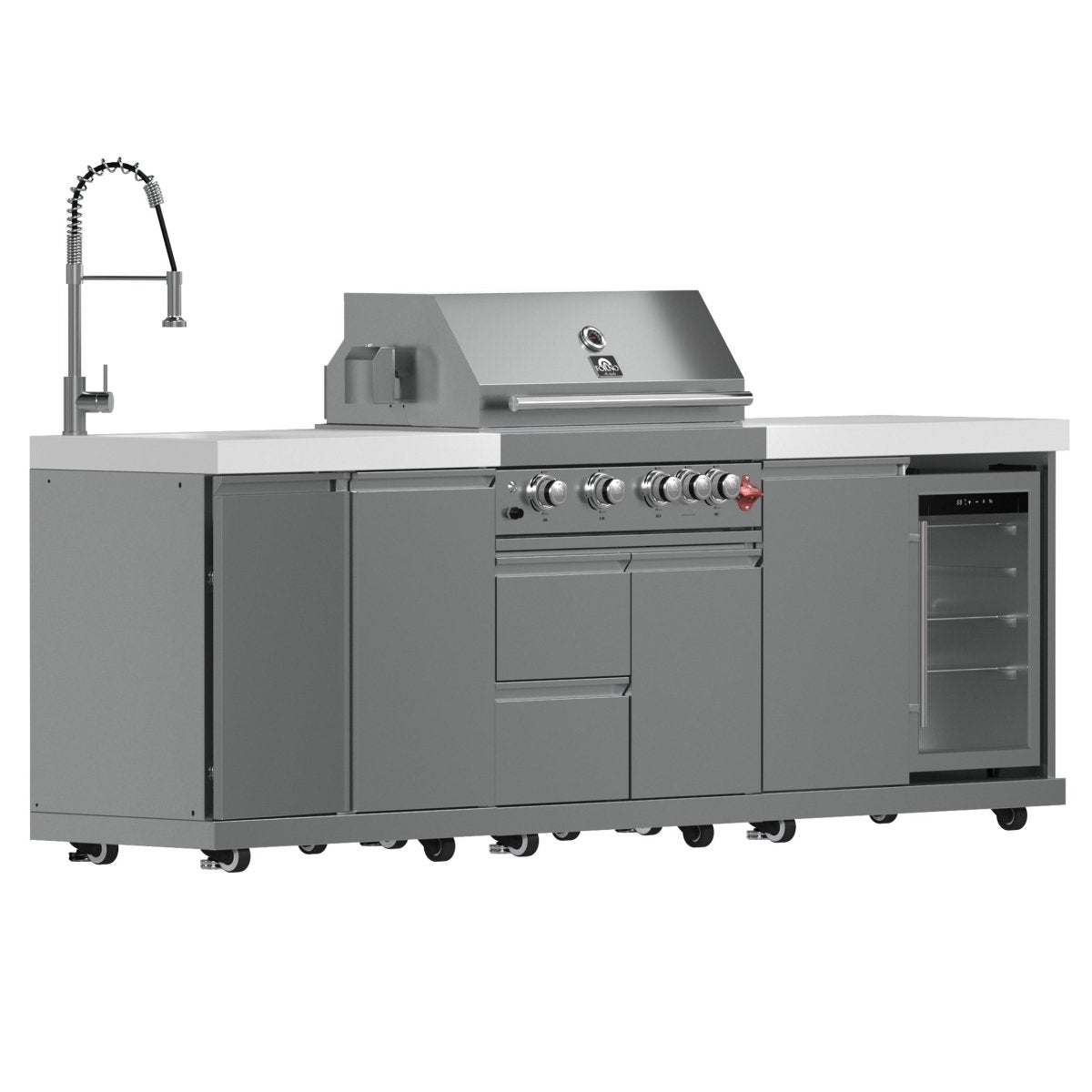 FORNO Bulnes 30-Inch BBQ, 60,000 BTU, 3 Burners with Sear & Rotisserie Infrared Burners, Stainless Steel Outdoor Kitchen with 1.8 cu.ft. Beverage Center & White Sintered Stone Countertops - BonPrix Électroménagers