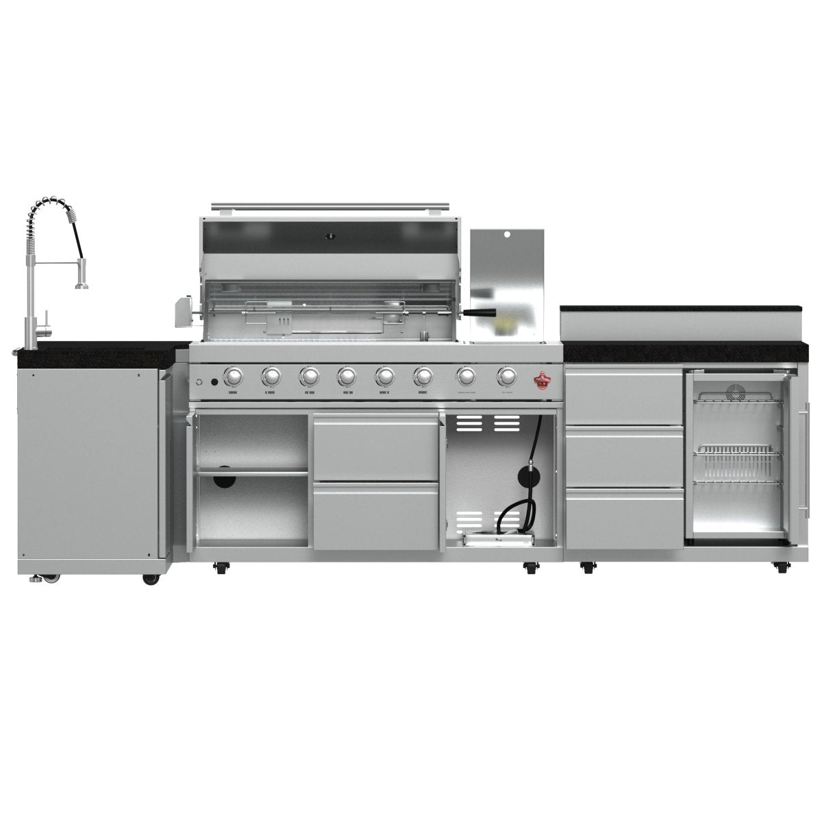 FORNO Bulnes 40-Inch BBQ, 95,000 BTU, 5 Burners, Sear & Rotisserie Infrared with Side Burner, Stainless Steel Outdoor Kitchen with 1.8 cu.ft. Beverage Center & Black Granite Countertops - BonPrix Électroménagers