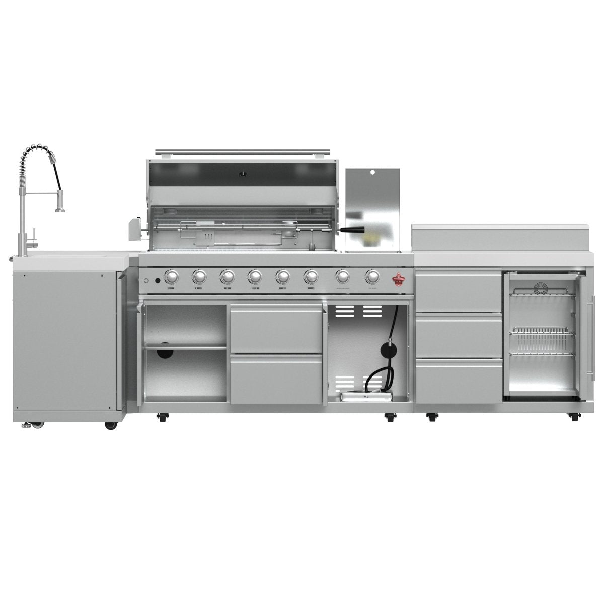 FORNO Bulnes 40-Inch BBQ, 95,000 BTU, 5 Burners, Sear & Rotisserie Infrared with Side Burner, Stainless Steel Outdoor Kitchen with 1.8 cu.ft. Beverage Center & White Sintered Stone Countertops - BonPrix Électroménagers
