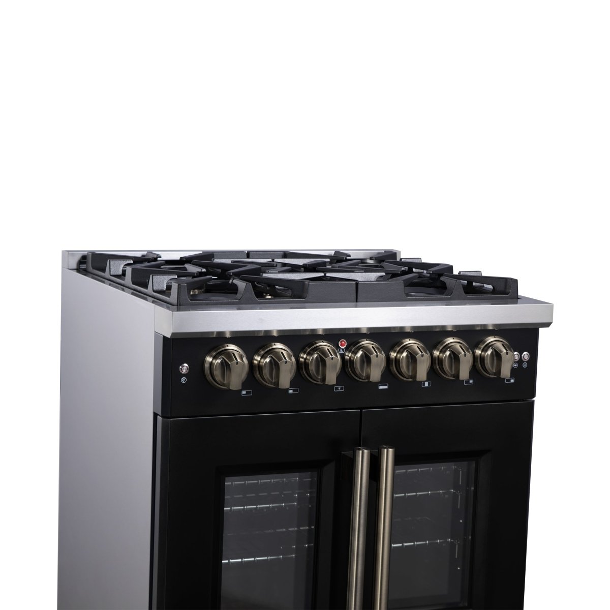 Forno Capriasca 30-Inch Freestanding French Door Dual Fuel Range in Black with Antique Brass Accessories, 5 Burners, True Convection Oven - BonPrix Électroménagers