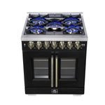 Forno Capriasca 30-Inch Freestanding French Door Dual Fuel Range in Black with Antique Brass Accessories, 5 Burners, True Convection Oven - BonPrix Électroménagers