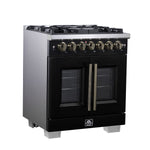 Forno Capriasca 30-Inch Freestanding French Door Dual Fuel Range in Black with Antique Brass Accessories, 5 Burners, True Convection Oven - BonPrix Électroménagers