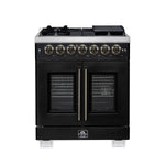 Forno Capriasca 30-Inch Freestanding French Door Dual Fuel Range in Black with Antique Brass Accessories, 5 Burners, True Convection Oven - BonPrix Électroménagers