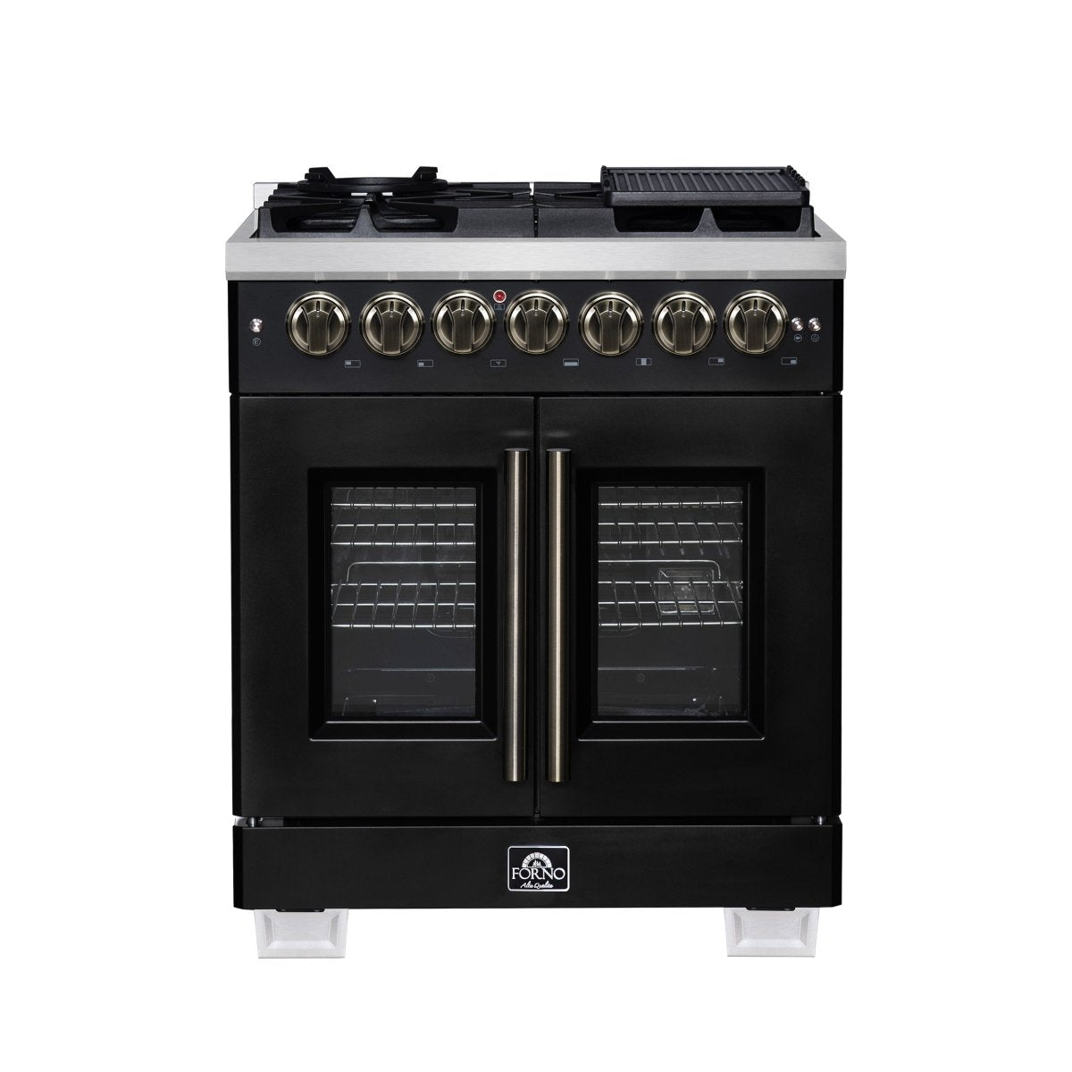 Forno Capriasca 30-Inch Freestanding French Door Dual Fuel Range in Black with Antique Brass Accessories, 5 Burners, True Convection Oven - BonPrix Électroménagers