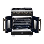 Forno Capriasca 30-Inch Freestanding French Door Dual Fuel Range in Black with Antique Brass Accessories, 5 Burners, True Convection Oven - BonPrix Électroménagers