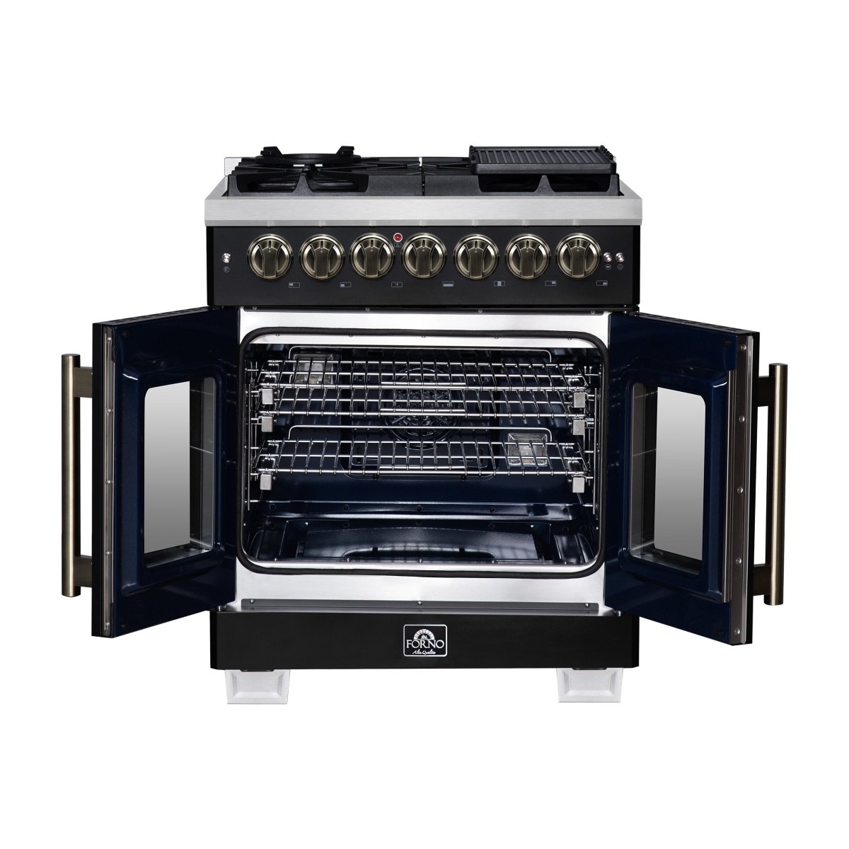 Forno Capriasca 30-Inch Freestanding French Door Dual Fuel Range in Black with Antique Brass Accessories, 5 Burners, True Convection Oven - BonPrix Électroménagers
