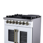Forno Capriasca 30-Inch Freestanding French Door Dual Fuel Range in White with Antique Brass Accessories, 5 Burners, True Convection Oven - BonPrix Électroménagers