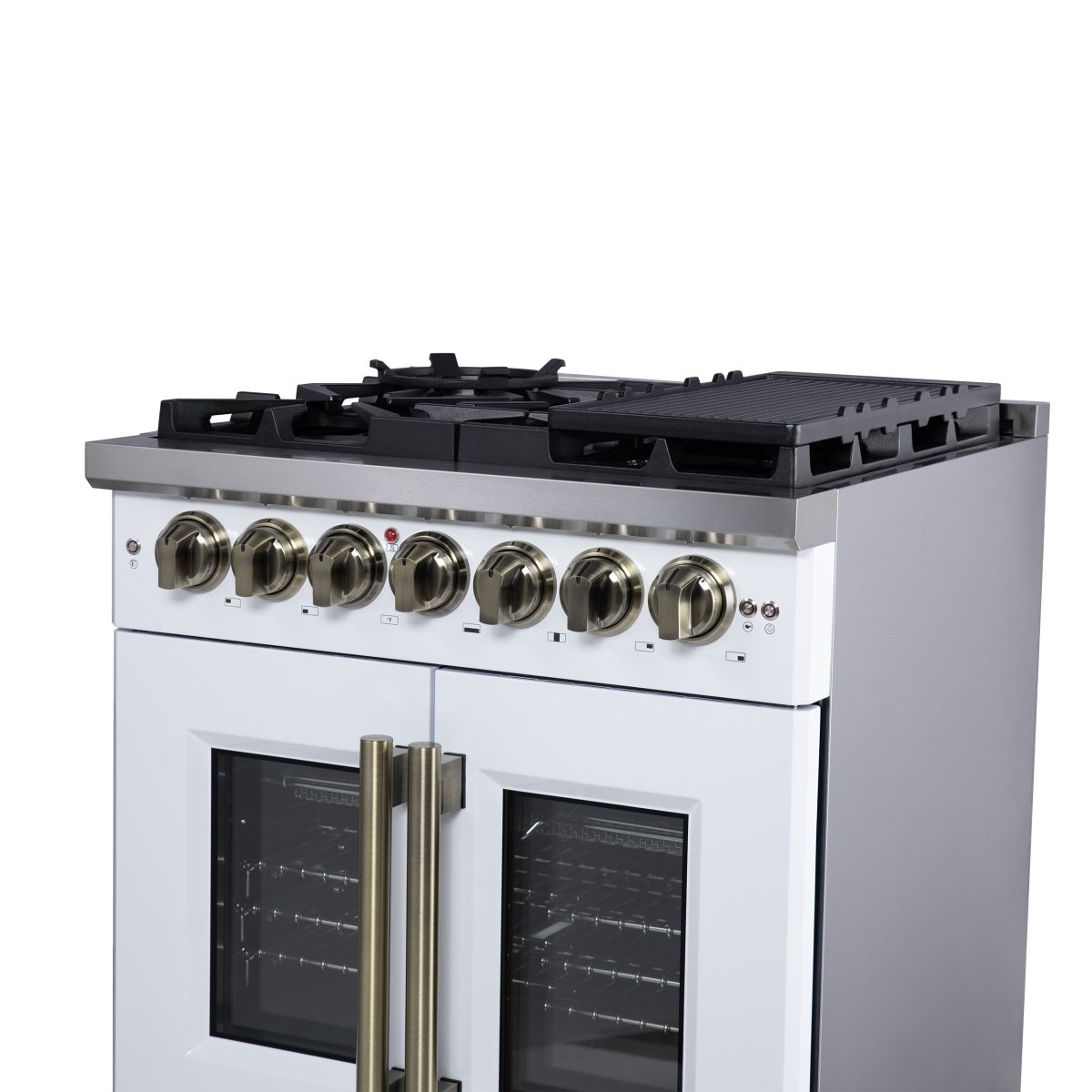 Forno Capriasca 30-Inch Freestanding French Door Dual Fuel Range in White with Antique Brass Accessories, 5 Burners, True Convection Oven - BonPrix Électroménagers