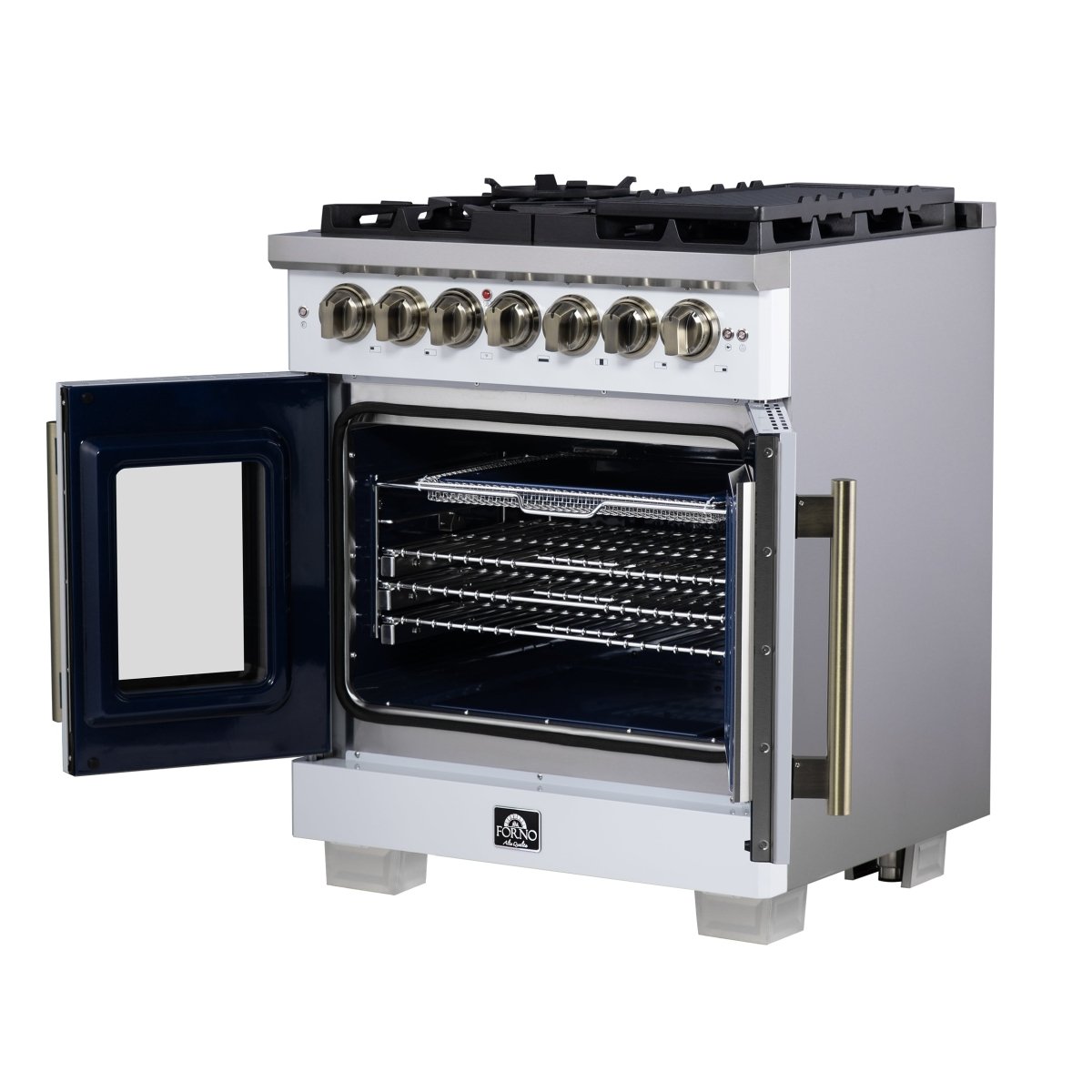 Forno Capriasca 30-Inch Freestanding French Door Dual Fuel Range in White with Antique Brass Accessories, 5 Burners, True Convection Oven - BonPrix Électroménagers