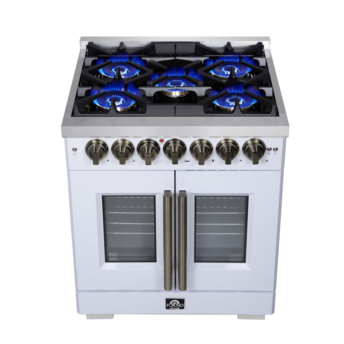 Forno Capriasca 30-Inch Freestanding French Door Dual Fuel Range in White with Antique Brass Accessories, 5 Burners, True Convection Oven - BonPrix Électroménagers