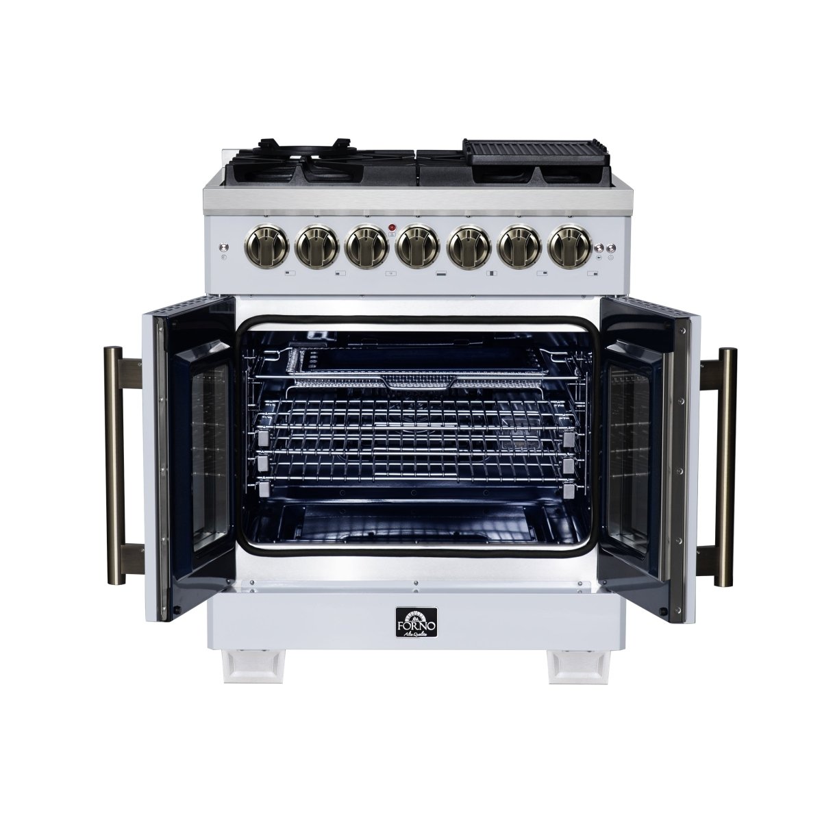 Forno Capriasca 30-Inch Freestanding French Door Dual Fuel Range in White with Antique Brass Accessories, 5 Burners, True Convection Oven - BonPrix Électroménagers
