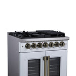 Forno Capriasca 30-Inch Freestanding French Door Dual Fuel Range in White with Antique Brass Accessories, 5 Burners, True Convection Oven - BonPrix Électroménagers