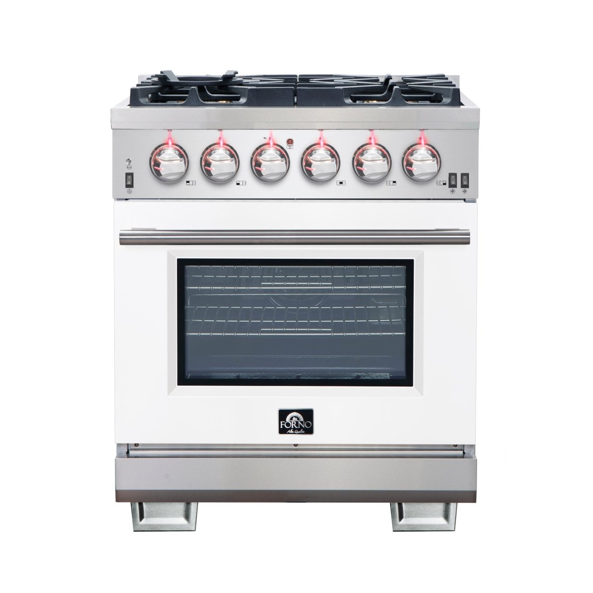 Forno Capriasca 30-Inch Freestanding Gas Range, 4 Burners, True Convection Oven, White Door - BonPrix Électroménagers