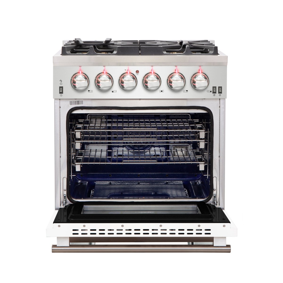 Forno Capriasca 30-Inch Freestanding Gas Range, 4 Burners, True Convection Oven, White Door - BonPrix Électroménagers