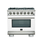 Forno Capriasca 36-Inch Gas Range, Stainless Steel, 6 Brass Burners, 120,000 BTU, Convection Oven, Energy Efficient, White Door - BonPrix Électroménagers