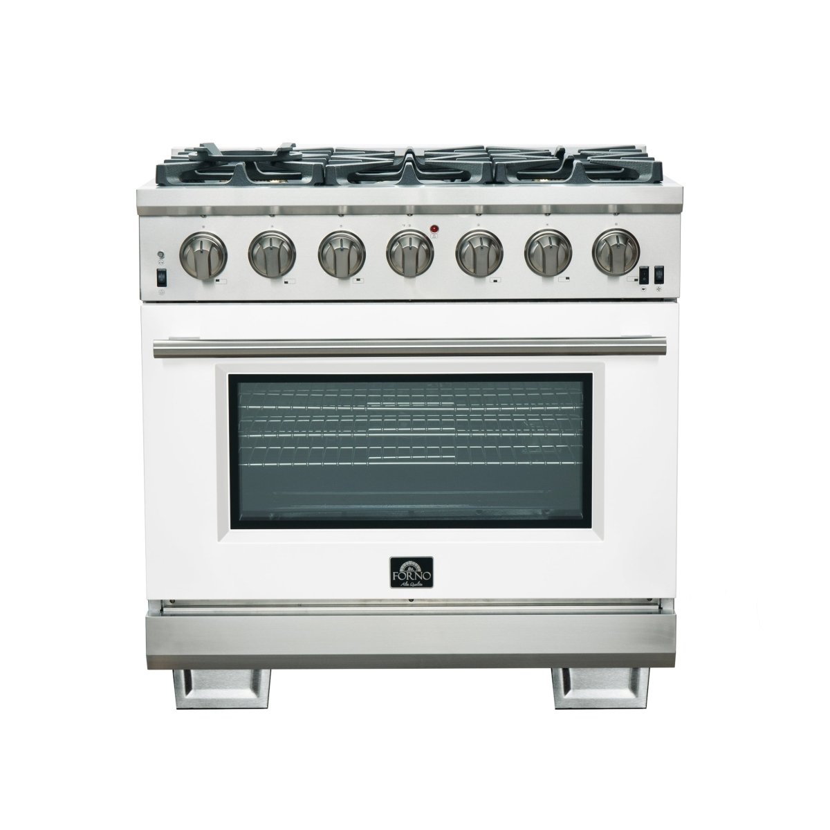 Forno Capriasca 36-Inch Gas Range, Stainless Steel, 6 Brass Burners, 120,000 BTU, Convection Oven, Energy Efficient, White Door - BonPrix Électroménagers
